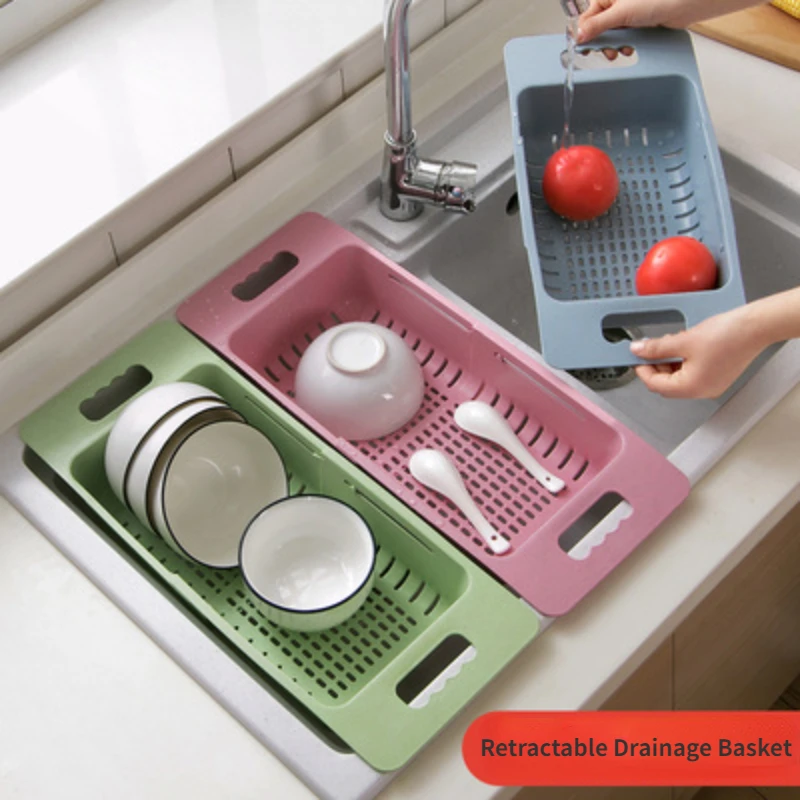

Retractable Drainage Basket Sink Drying Rack Vegetable Fruit Drain Basket Sponge Bowl and Chopsticks Organizer Kitchen Gadgets