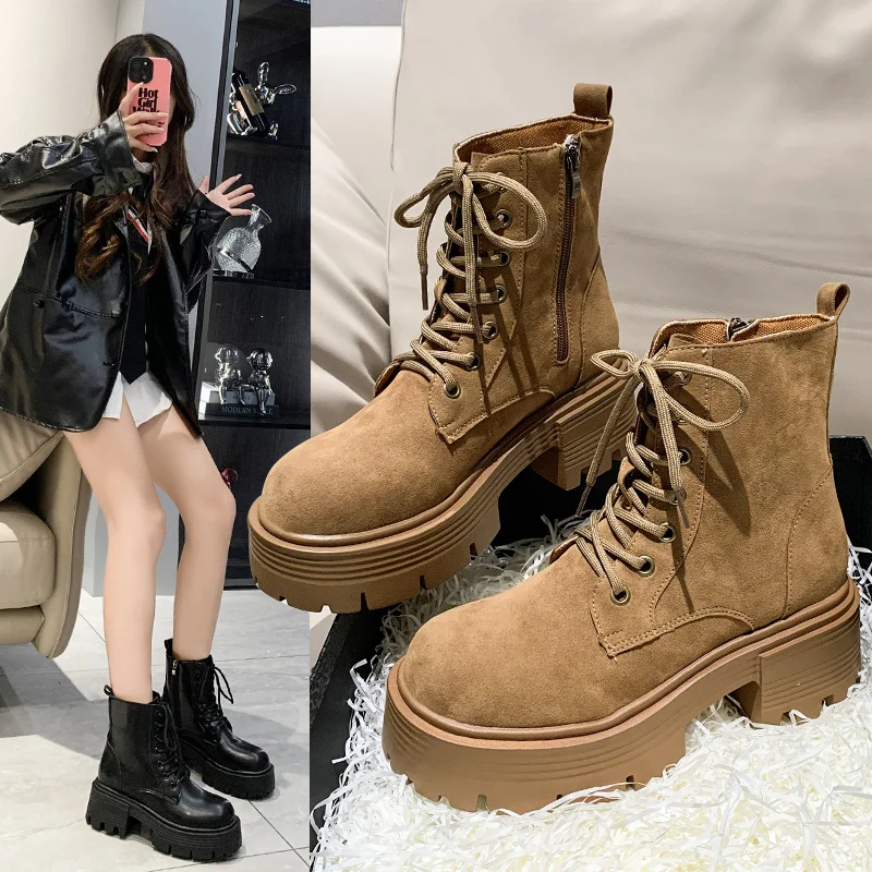 

Новые ботинки на платформе для женщин, ботильоны на шнуровке в стиле ретро, женская обувь из флока, короткие ботинки на толстом каблуке