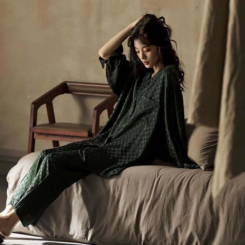 Green Flower Pajamas Luxury Europe Designer Soft Home Wear Set Female Pyjamas Long Sleeve PJ Set Night Wear