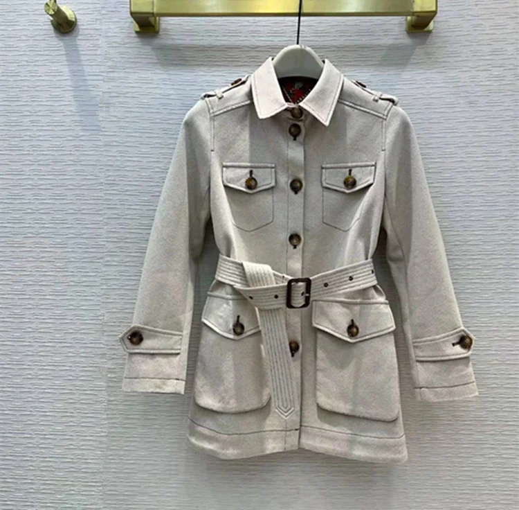 

European and American women's wear spring 2022 new Long sleeve lapel single breasted fashion Khaki coat with belt