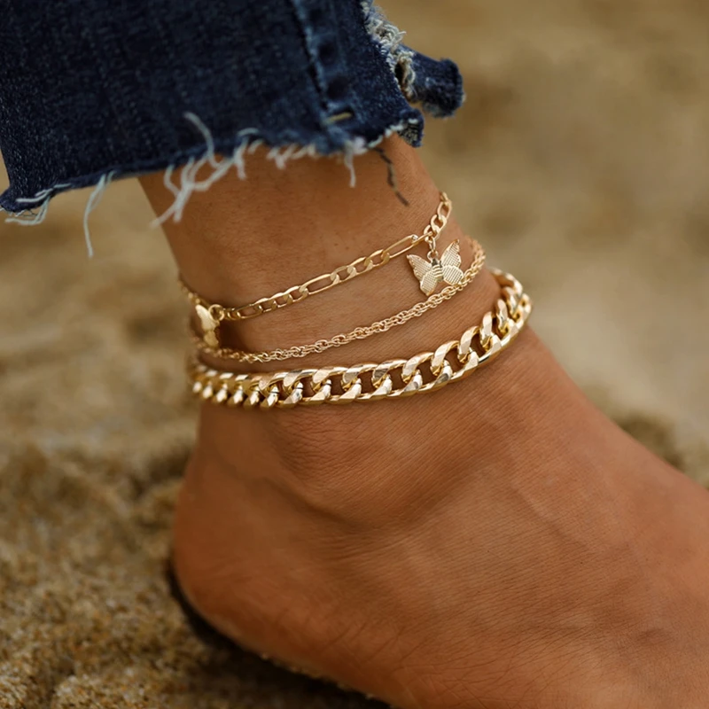 

Female Summer Gold Color Anklets For Women Butterfly Multilayer Chain Ankle Bracelets Girls Barefoot on Leg Chain Beach Jewelry