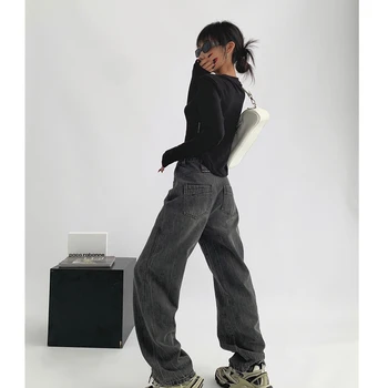 Autumn New Women's Bottoms Dark Grey High Street Fashion Baggy Retro Straight American Style High Waist Wide Leg Jeans Trousers 2