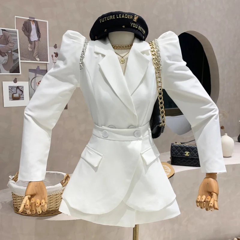

Niche Design New Women's Clothing 2022 Spring Puff Sleeve Suit Blazers Dress + High Waist Wrap Hip Skirt two-piece Set