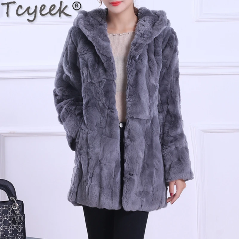 

Tcyeek Women's Winter Coats Rex Rabbit Fur Coat Women Clothes Korean Fashion Mid-Length Warm Female Fur Jacket Abrigo Mujer Lq