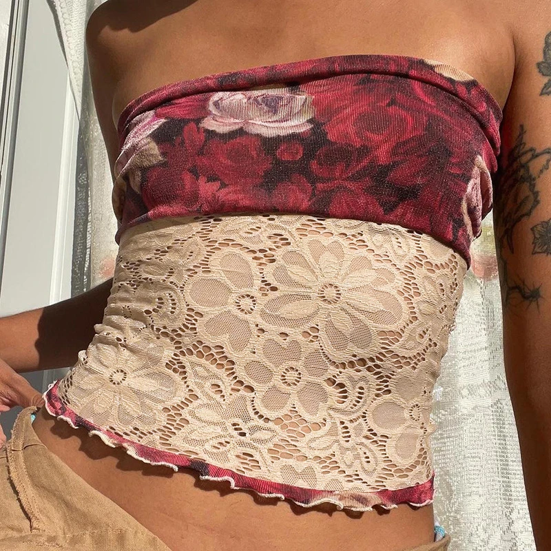 

Summer Fashion Slim Sexy Club Contrast Color Patchwork Lace Sleeveless Girl Crop Top Women Skinny Short Strapless Tank Top