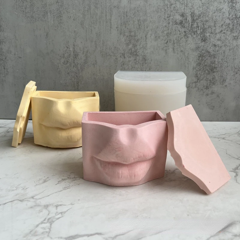 

Lip Flower Pot Silicone Mold with Lid Candle Cup Storage Box Silicone Mold Gypsum Cement Resin Mold Silicone Mould Resin
