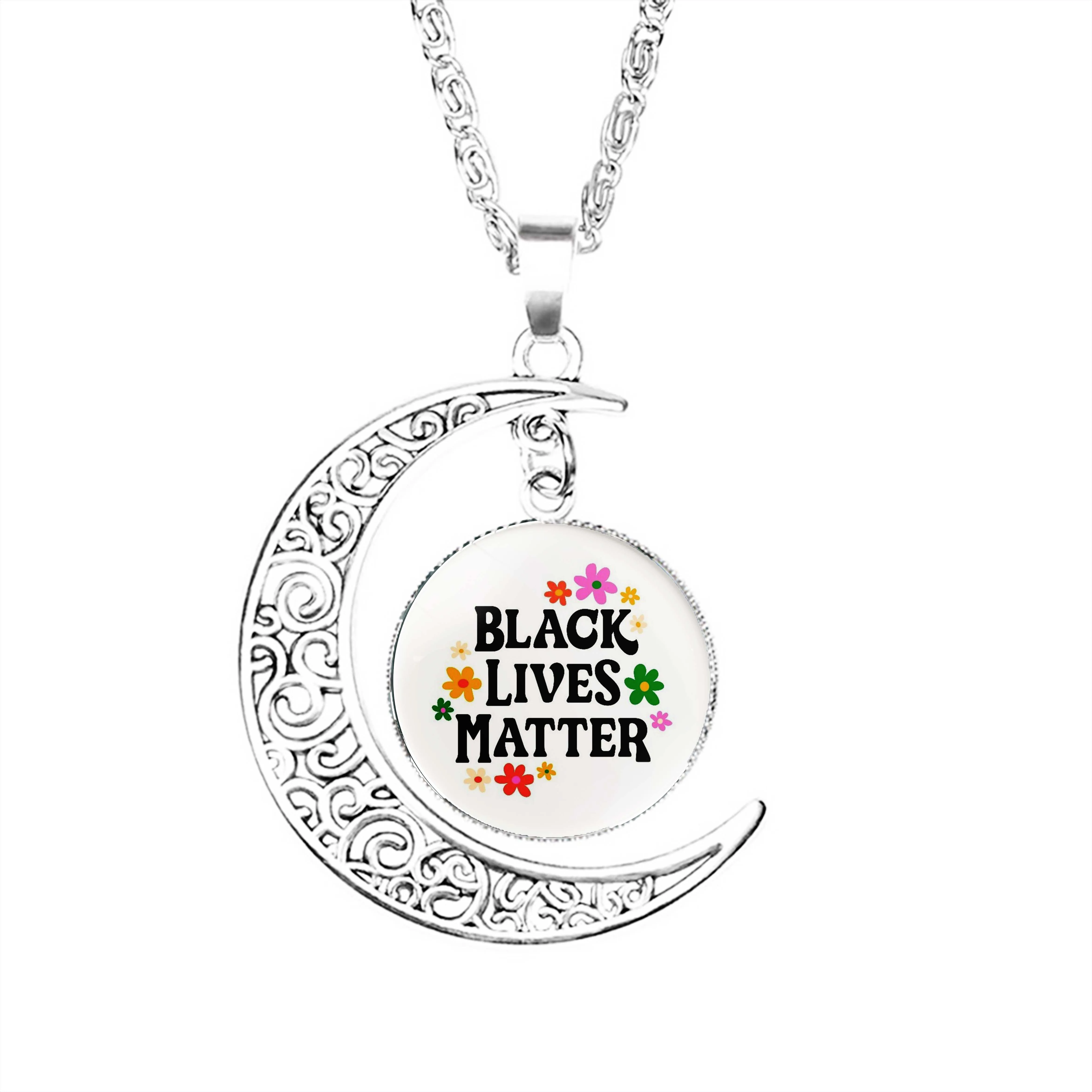 

Black Lives Matter Moon Necklace Chain Women Charm Pendant Boy Fashion Gifts Dome Crescent Glass Lady Men Lovers Jewelry