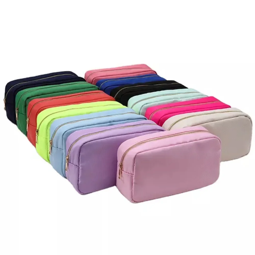

Solid Color Nylon Letters Patch Cosmetic Bag Women Monogrammed Makeup Bag Ladies Waterproof Travel Toiletries Pouch Bridal Gifts