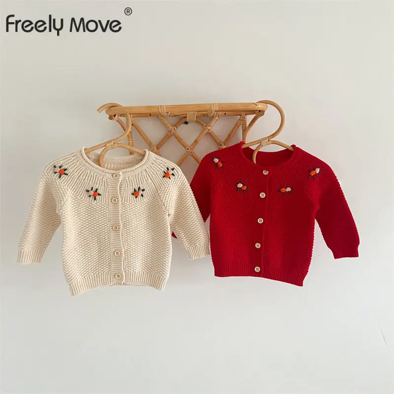 

Freely Move Girls' Knitted Cardigan Jacket Children's Jacket Autumn Baby Embroidery Long Sleeve Sweater Kids Clothes Coat Top