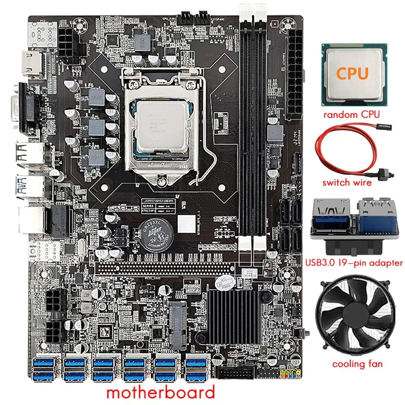 

Материнская плата B75 12 Card BTC для майнинга + ЦП + вентилятор + USB3.0 19-контактный адаптер + кабель переключения 12 USB3.0 (PCIE) слот LGA1155 DDR3 SATA3.0