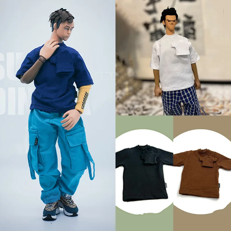 

1/6 Male Soldier Trend Casual Short Sleeve T-shirt Loose Blue Overalls with Large Pockets for 12 Inches Action Figure Model Toys
