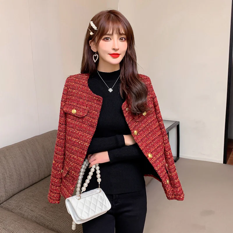 

Женское твидовое однобортное пальто, винтажное пальто с французским мелким запахом, верхняя одежда в Корейском стиле для осени и зимы