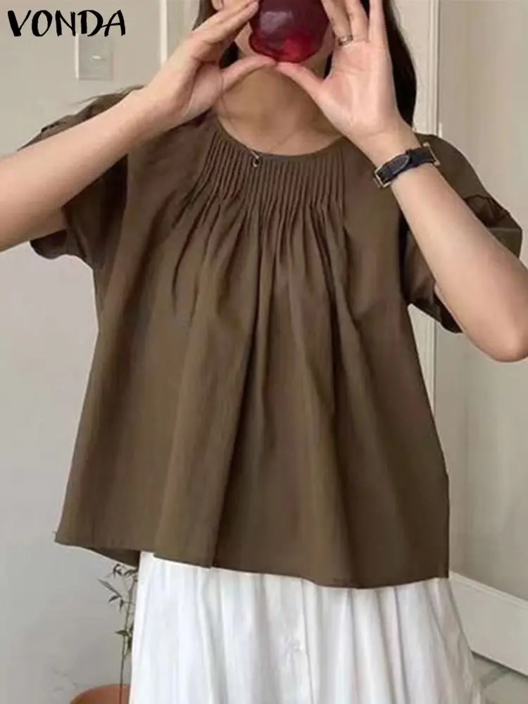 

VONDA Fashion Women Blouse 2023 Summer Elegant Sexy Tops Round Neck Short Sleeve Pleated Solid Color Shirts Vintage Blusas Femme