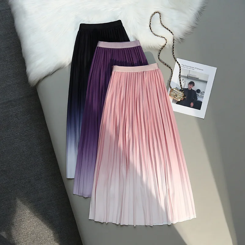 

Gradient Color Pleated Skirt Women High Waist Slim Fairycore Drape A-line Mid-length Skirts Female Korean Elegant Faldas Mujer