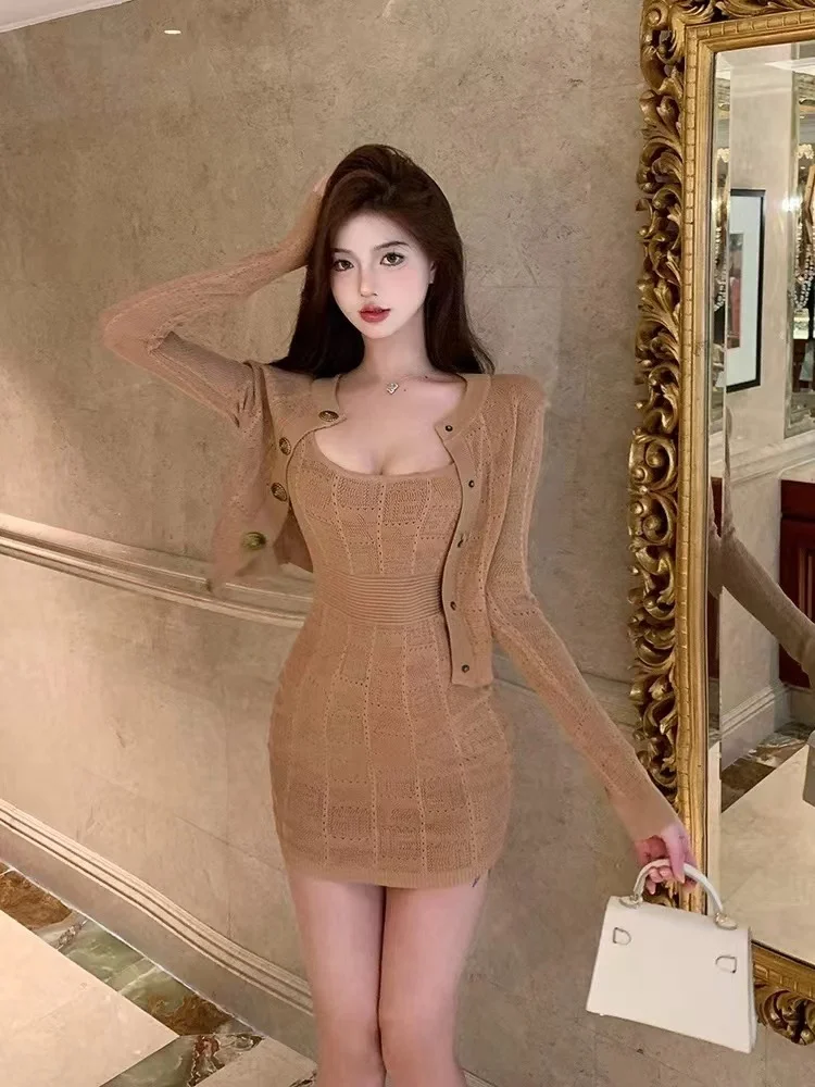 Осенний вязаный костюм с небольшим ароматом женский кардиган длинными рукавами +