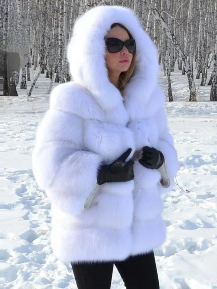 Winter Elegant Luxury Long Hooded Jacket Overcoat for Women 2022 Casual Warm White Faux Fox Fur Coat Outerwear Streetwear