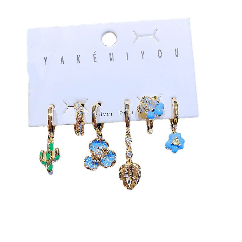 

MIGGA 6pcs Zircon Crystal Paved Blue Flower Dangle Earrings Set Gold Color Women Huggie Yakemiyou Jewelry