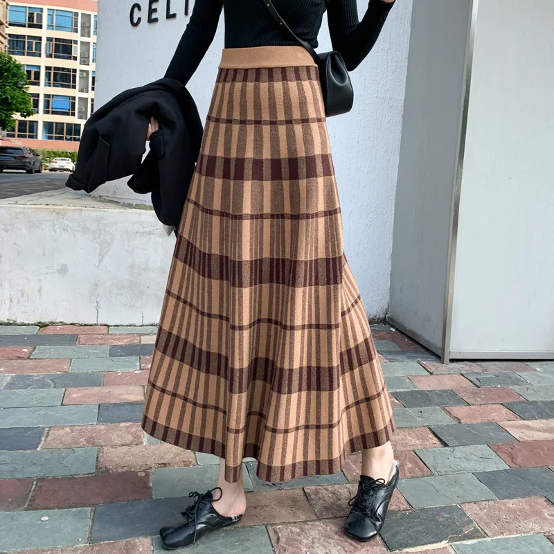 

Qooth Korean Knitted Skirt Spring New Midi A-line Skirts High Waist Plaid Small Fragrance Umbrella Long Skirt QT1511