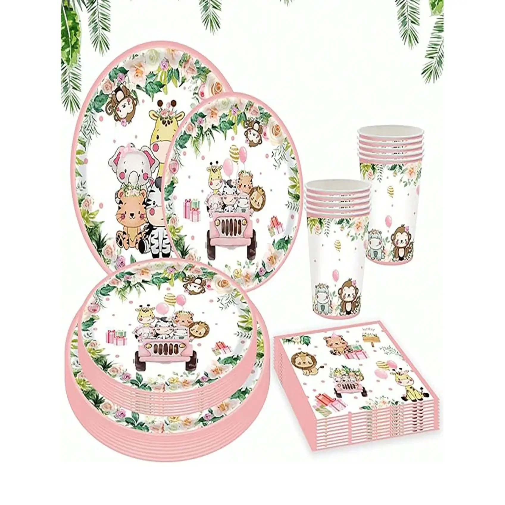 Тема сафари в джунглях принадлежности для дня рождения розовые набор посуды с