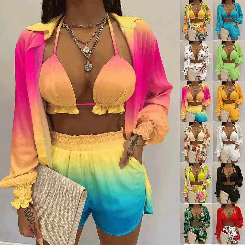 

Summer 3 Piece Set Outfits 2023 New Women Sexy Beach Style Printed Suspender Shirt Shorts Pant Suit Swimsuit Female Swimwear