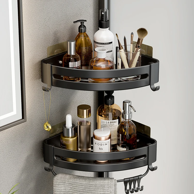 

Shelf Shower Toilet Holder Black Bathroom Drill Mounted Shelves Shampoo Storage Corner Rack Organizer No Wall Aluminum