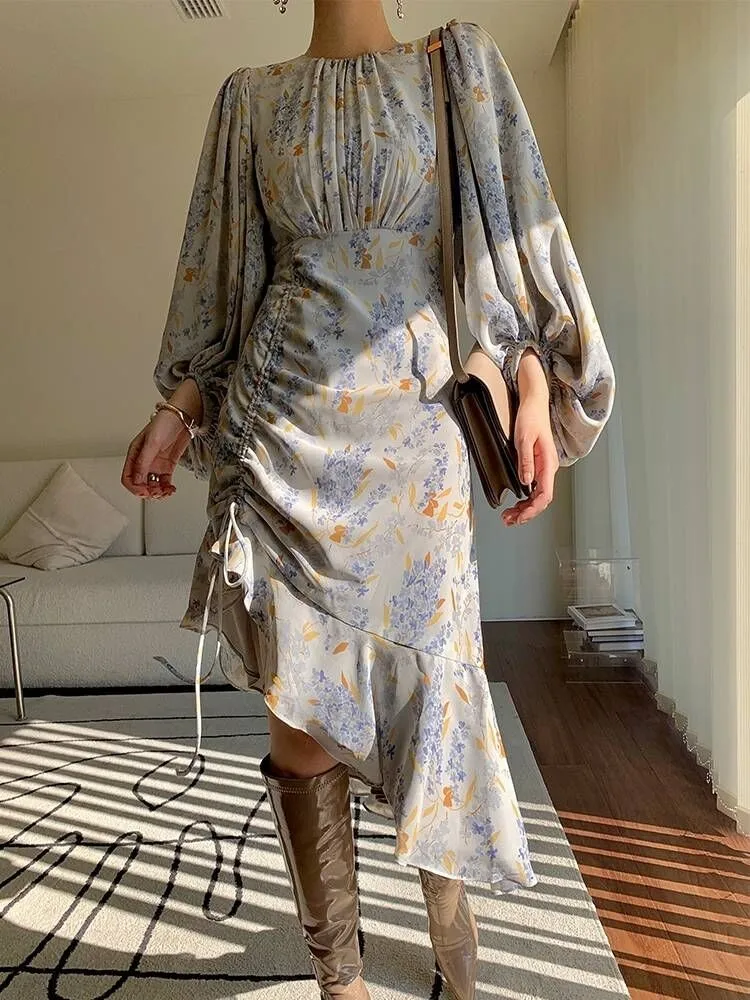 

Women's Vintage Lantern Sleeve O Neck Floral Fishtail Dress Spring Summer Long Sleeve Mermaid Dress Lady Holiday Pleated Vestido