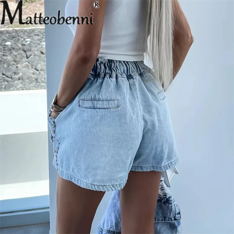 Fashion Splicing Diamond Decorative Denim Shorts Female Daily Casual Loose Waist Drawstring Three Quarter Pants Women's Jeans 23