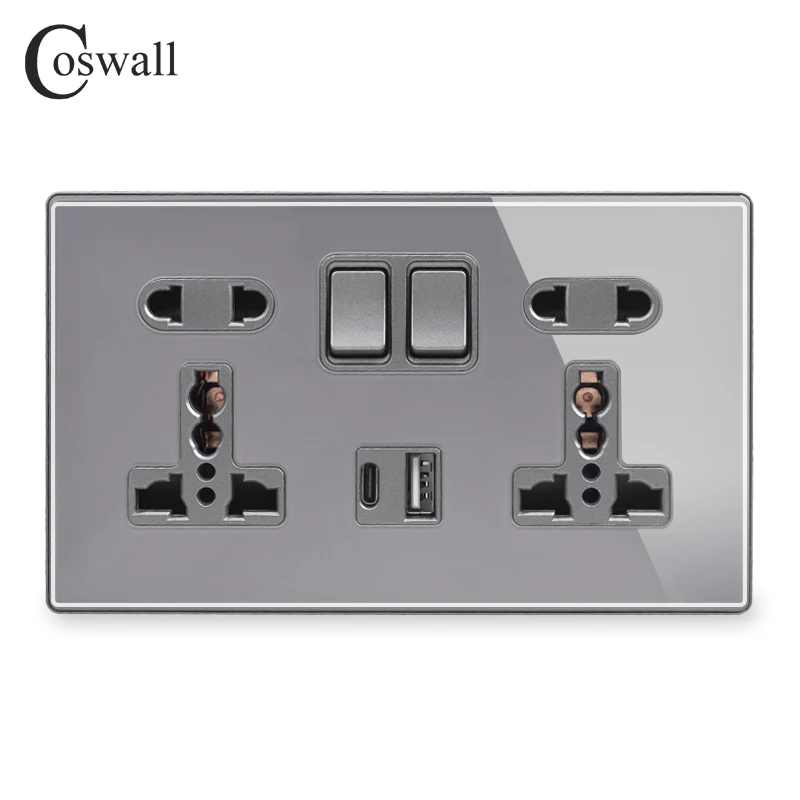 

COSWALL PD 18W Type-C Wall Socket, 5V 3A Quick Charge USB Port,13A Glass Panel Double Universal Power Outlet Switched Grounded