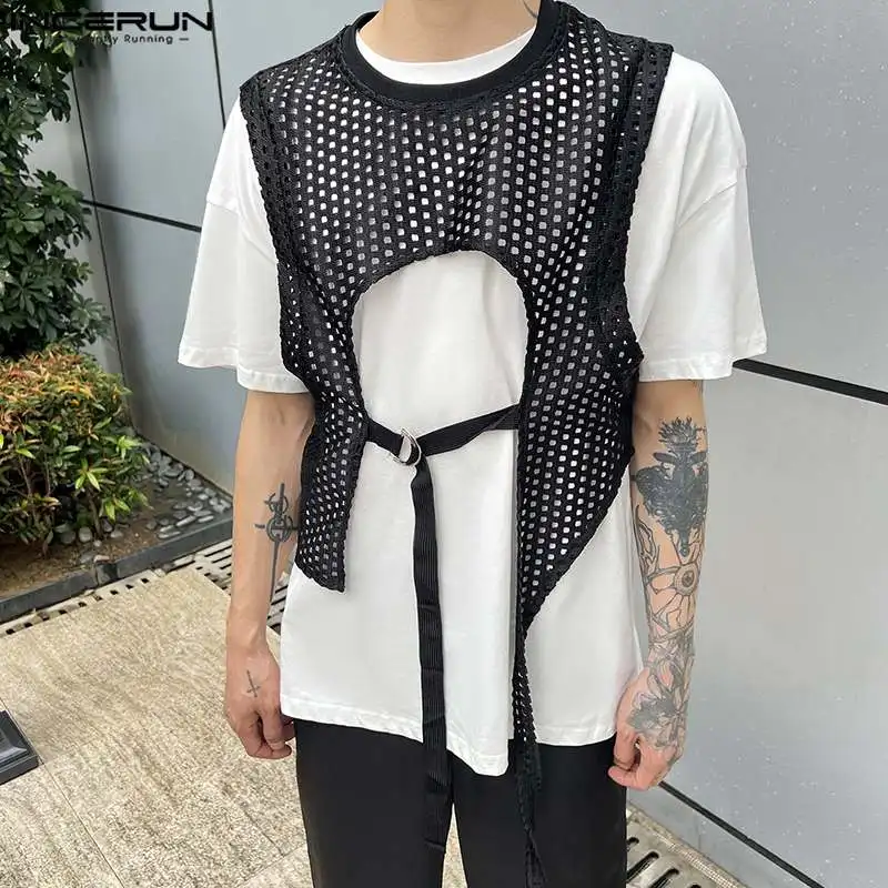 

INCERUN Tops 2023 Handsome Men's Fake Two-piece Hollowe Vests Short Sleeved T-shirts Casual Well Fitting Hot Sale Camiseta S-5XL