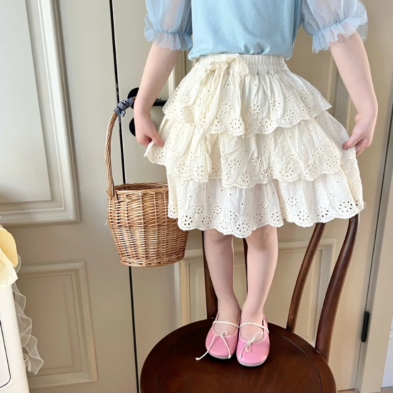 

Летние однотонные кружевные юбки для девочек 2023, детская повседневная Универсальная юбка принцессы