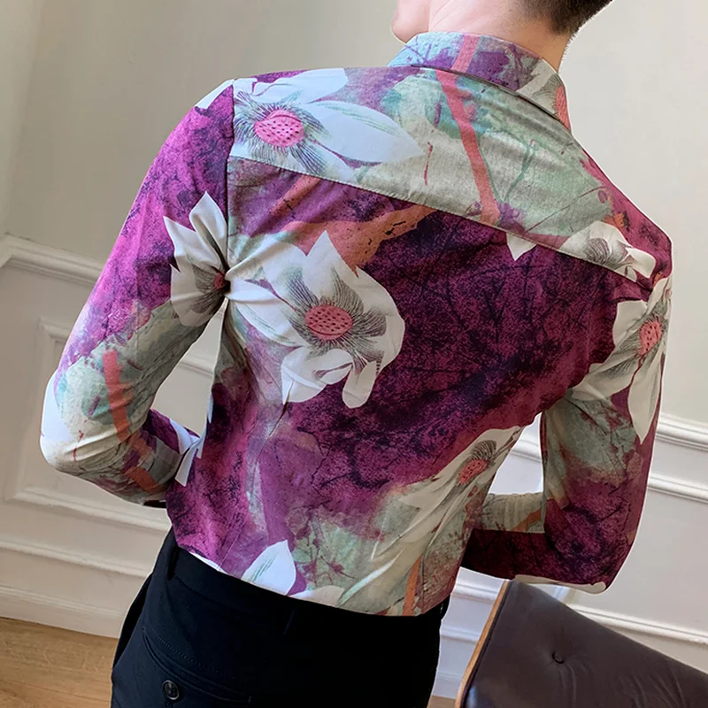 2022 Spring Men Shirts Floral Print Long Sleeve Casual Shirt Streetwear Slim Fit Floral Dress Shirt Men Clothes Camisa Masculina
