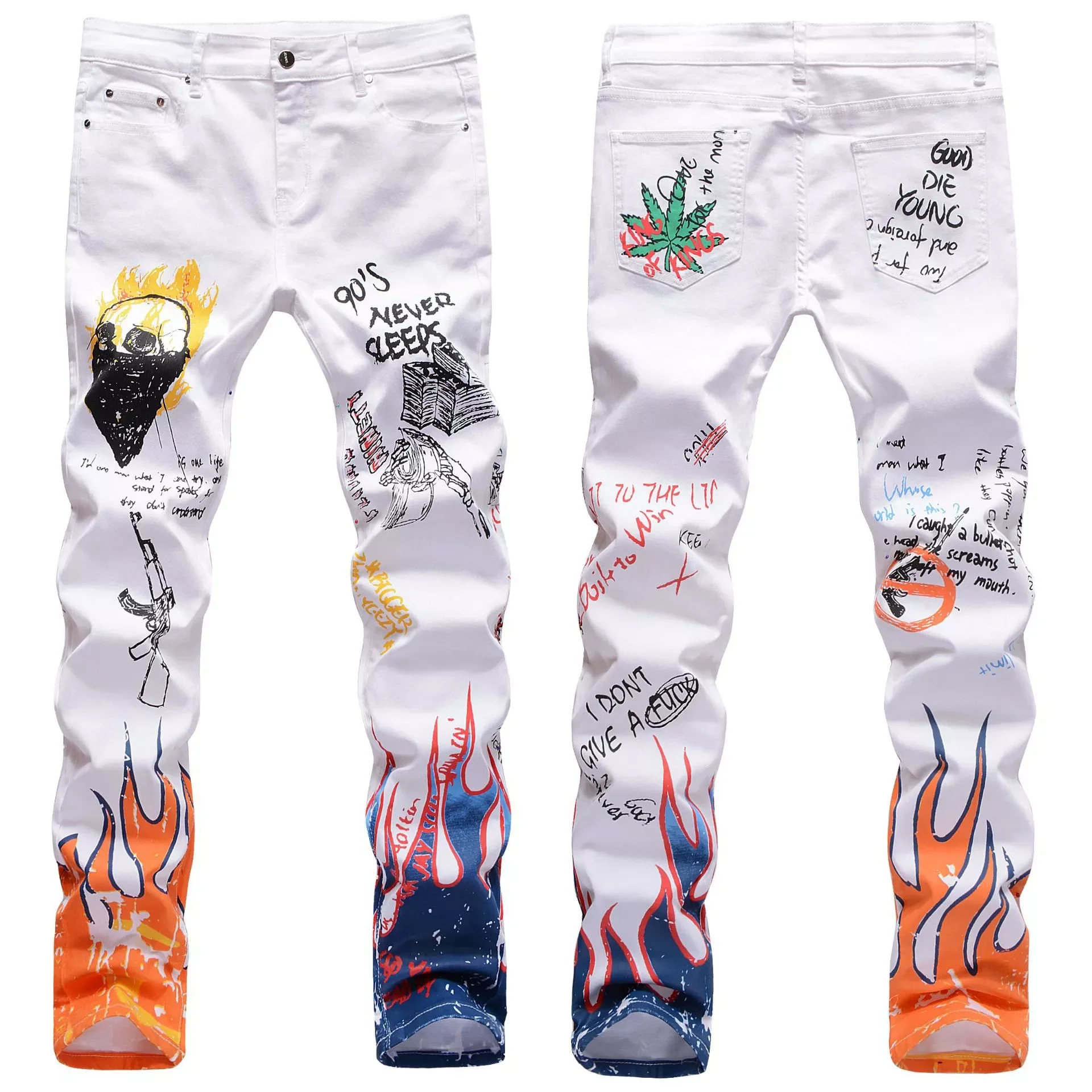 2022New Letters Flame Printed Patterned Jeans Slim Straight Stretch Fashionable Graffiti Punk Rock Streetwear Hip Hop Jeans Pant