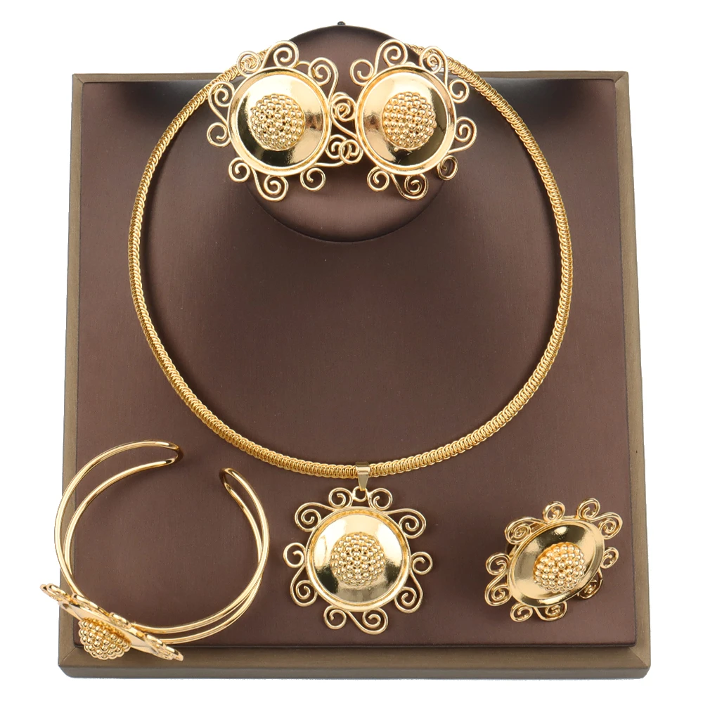 

Dubai Gold Color Jewelry 2022 Trendy Bride Design Earrings and Necklace for Women Cuff Bangle and Ring for Weddings Engagement