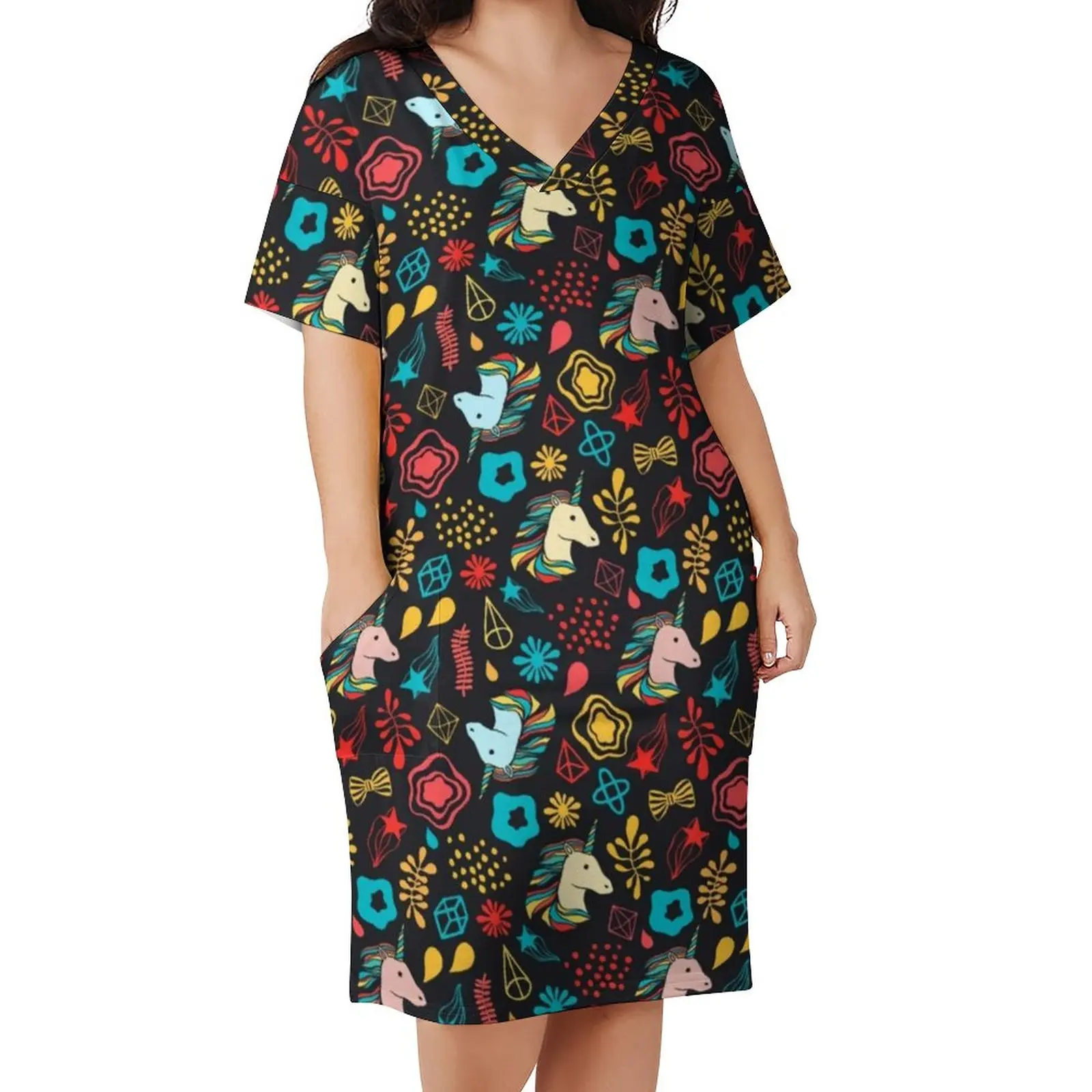 

Unicorn Party Casual Dress Female Cartoon Flowers Print Cute Dresses Summer V Neck Street Style Print Dress Plus Size