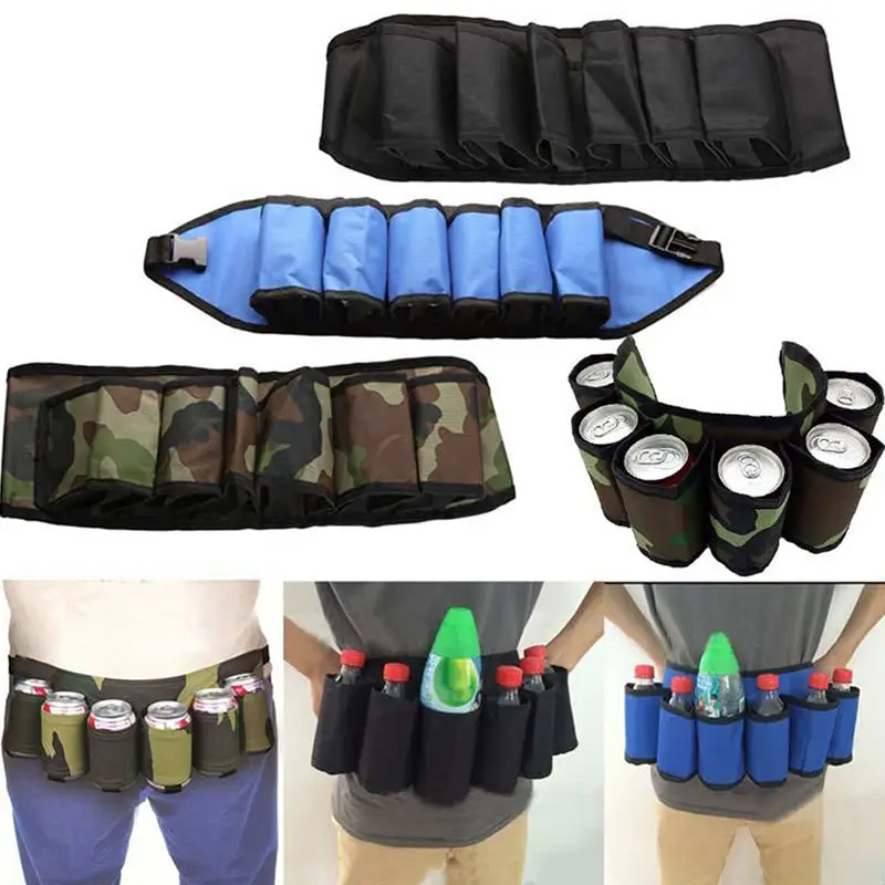 

6-Pack Adjustable Beer Belt Waist Bag Wine Bottles Can Holder Beverage Organizer Camping Beer Waistband for Outdoor Hiking