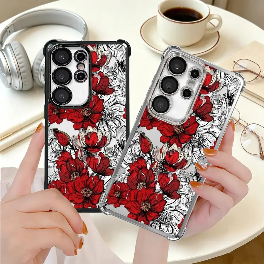 Фото Чехол для Samsung Galaxy S26 Ultra S24 S25 Edge S25Ultra S22 Ultra S23 S21 Plus S24Ultra S20 FE, чехол для телефона, красный цвет, магнолия №1