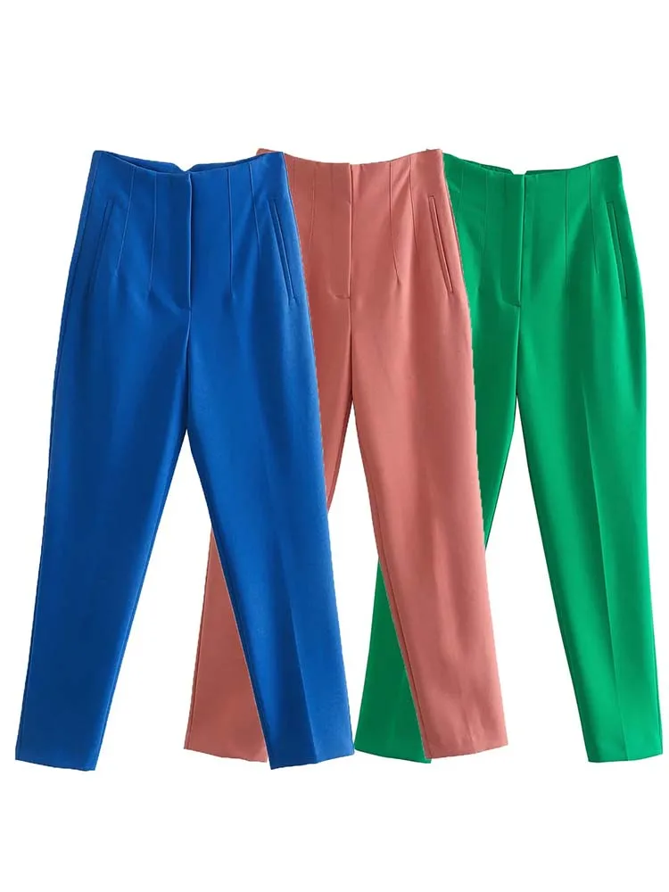 

Woman Pants 2022 Chic Fashion Office Wear Traf Pants For Women Vintage High Waist Zipper Fly Female Ankle Trousers Mujer
