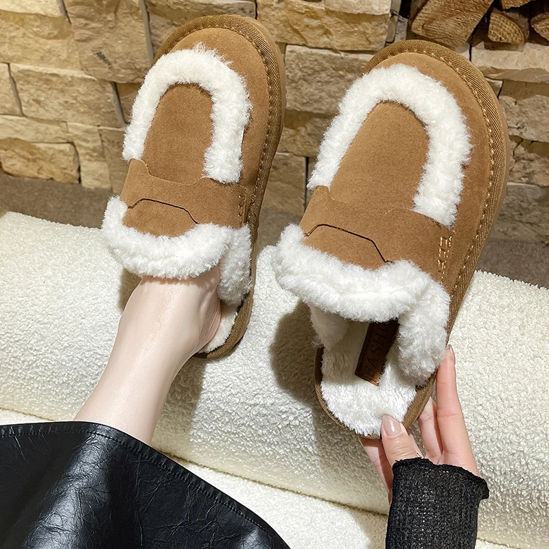 

Shoes Loafers Plush Slippers For Adults Flock Slipers Women Slides Cover Toe Low Fur 2023 Massage Flat Rome Basic Rubber PU