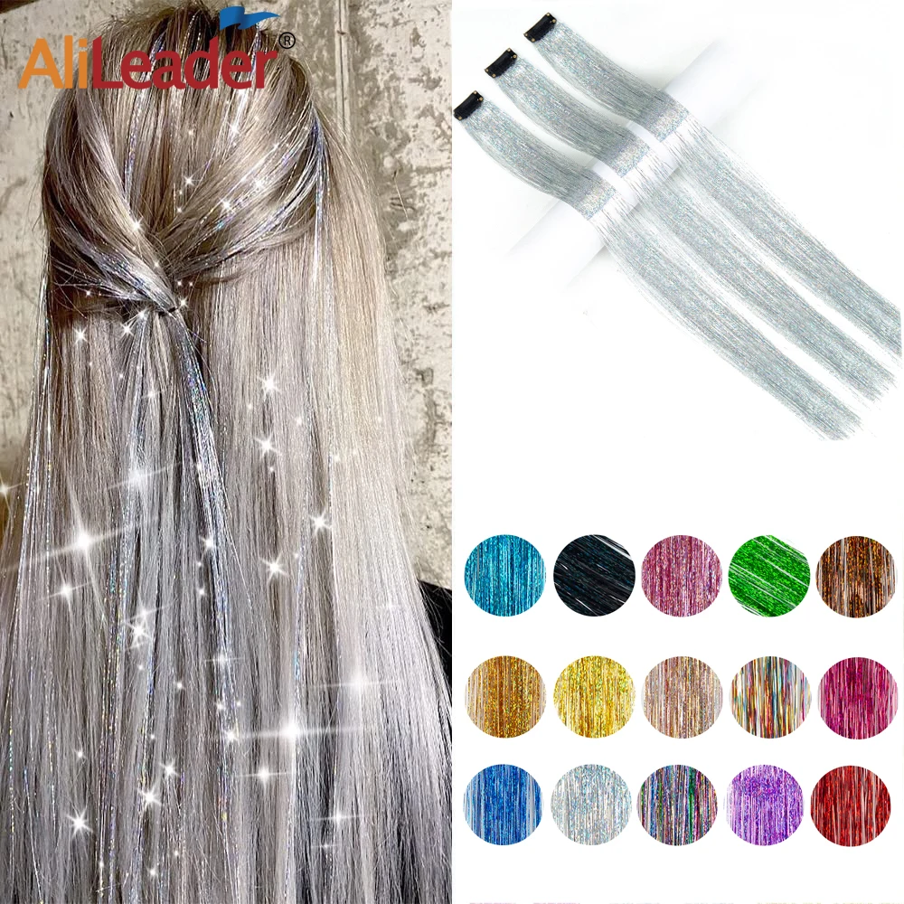 Clip In Hair Tinsel Sparkle Hair Extension Rainbow Highlights Glitter Tinsel Hair Clip In Long Stright Fake Hairpieces For Women