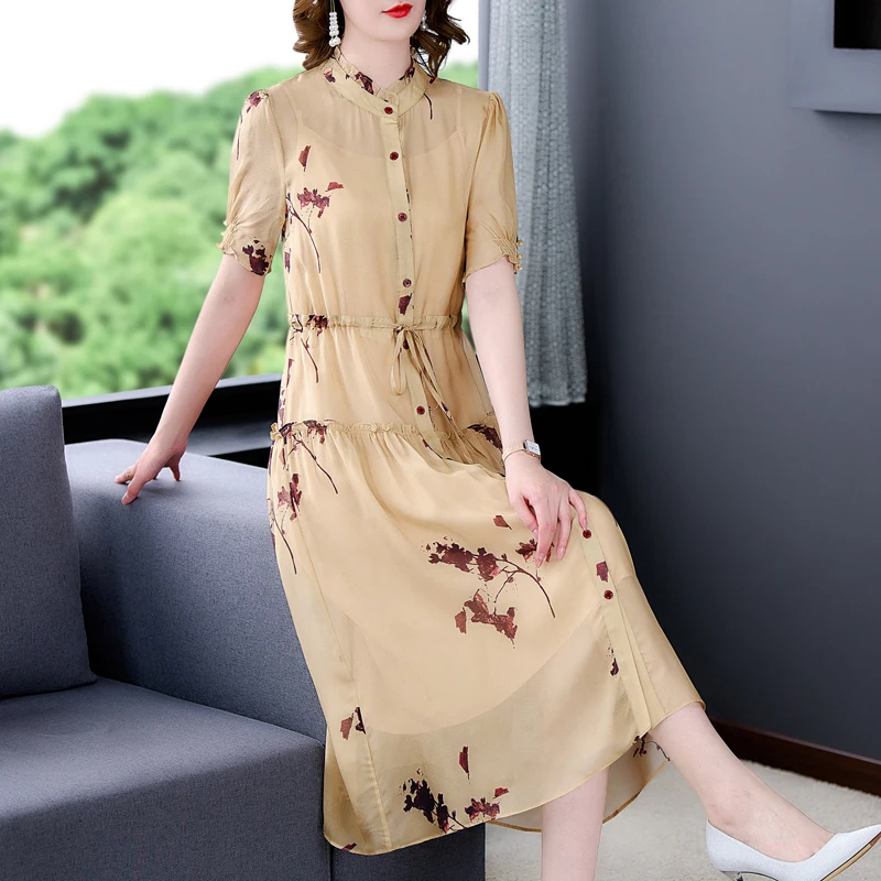 Women New Boho Floral Natural Silk Midi Dress Summer Korean Fashion Casual Beach Dress 2023 Elegant Bodycon Short Sleeve Dress