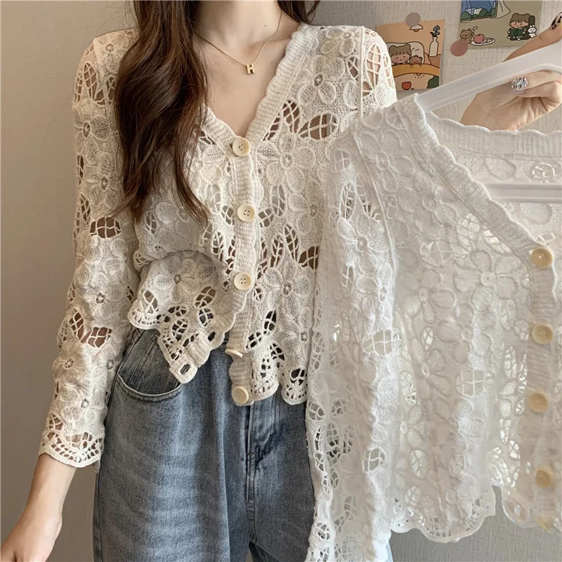 Hollow Crocheted Cardigan Coat Women's Sweater Thin Spring 2022 New Wholesale