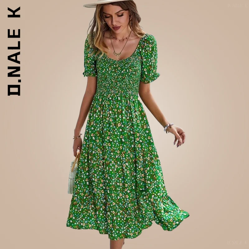 

D.Nale Floral Print Boho Summer Dress Women Casual Elastic Sexy Bohemian Beach Dress Women Sundress Robe Vestidos Female