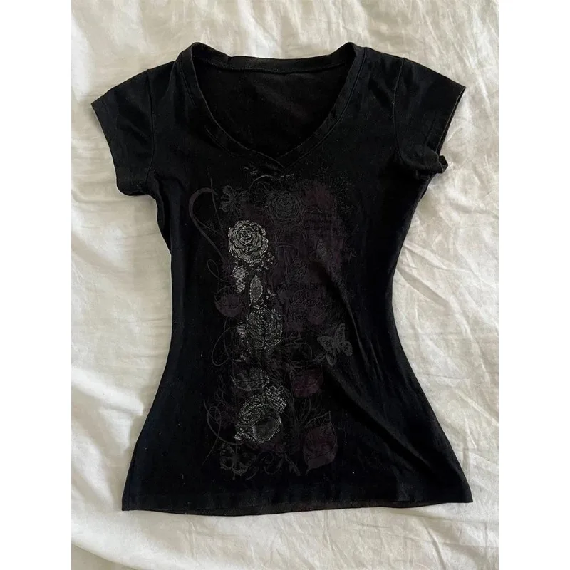 Винтажные тонкие повседневные Черные футболки в стиле Харадзюку Y2k женские