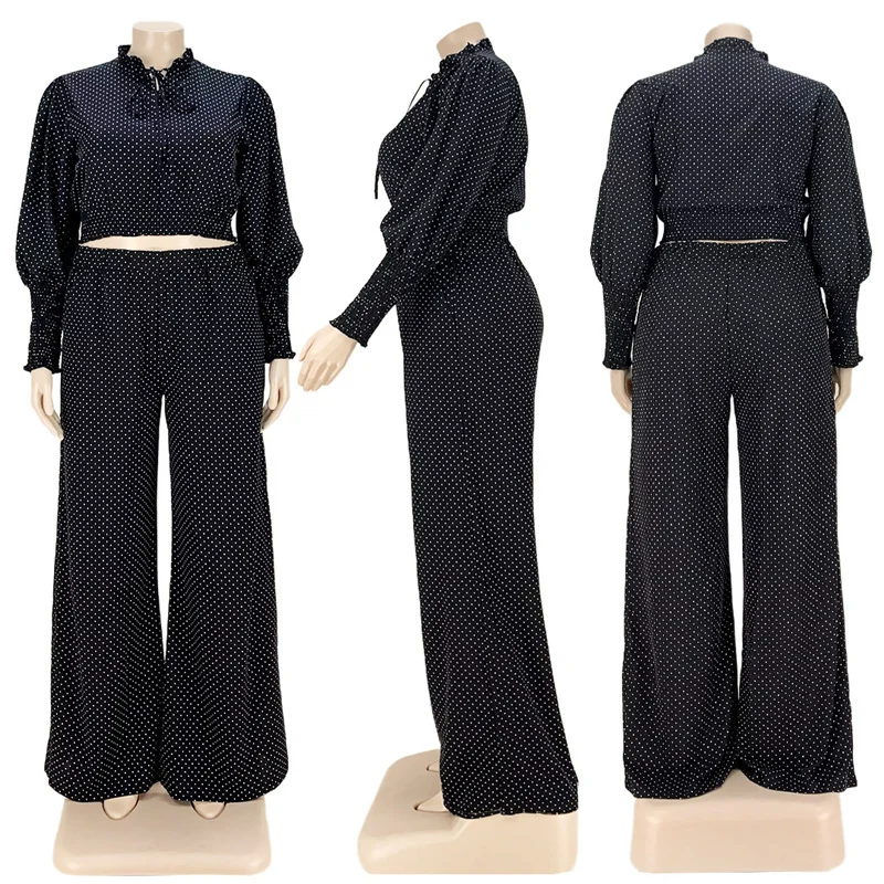 Plus Size Women Clothing 2 Piece Set Outfits Dot Print Elastic Waist Top Casual Wide Leg Pants Fall Wholesale 3xl 4xl 5xl 6xl