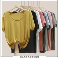 2022 summer casual solid v neck t shirt women knitted cotton basic short sleeve tops female soft white tee shirt harajuku
