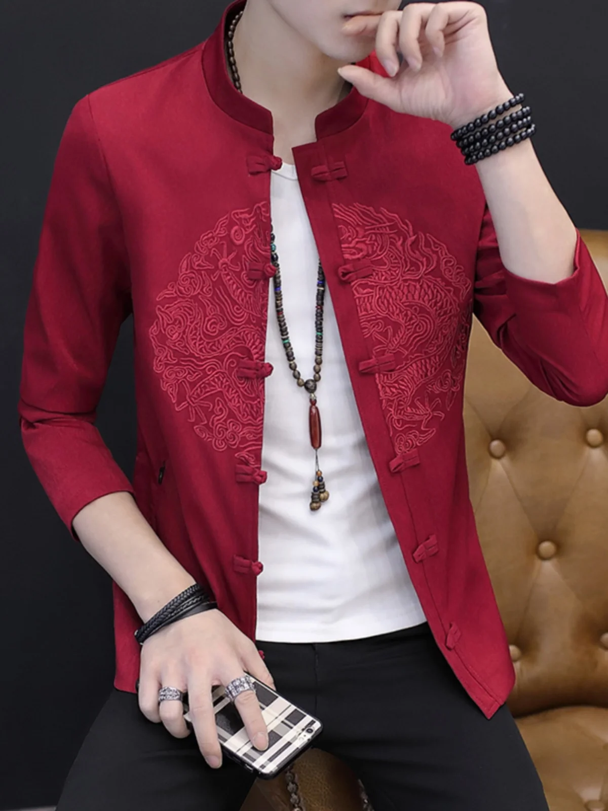 Autumn Chinese Sle Costume Dragon Robe Embroidery Outerwear Men's Buckle Year Jacket Slim fit ... |