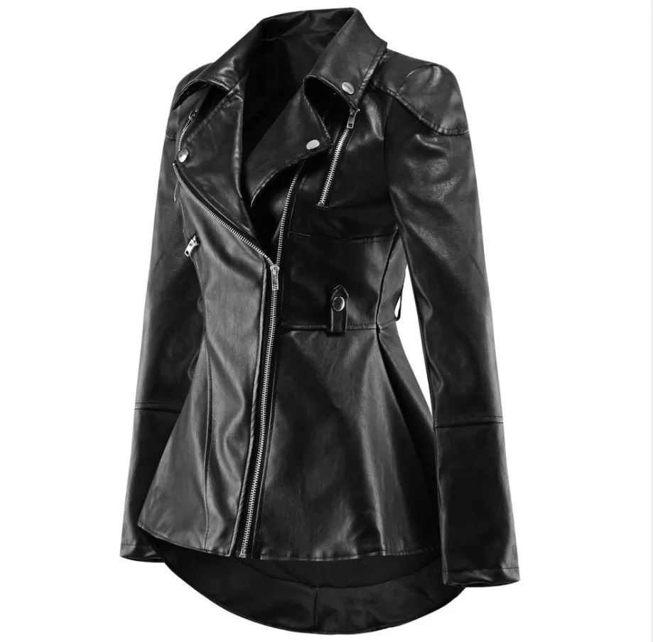 2022 Quick sell leather jacket European  American fashion PU leather jacket swallow tail ruffle leather jacket women