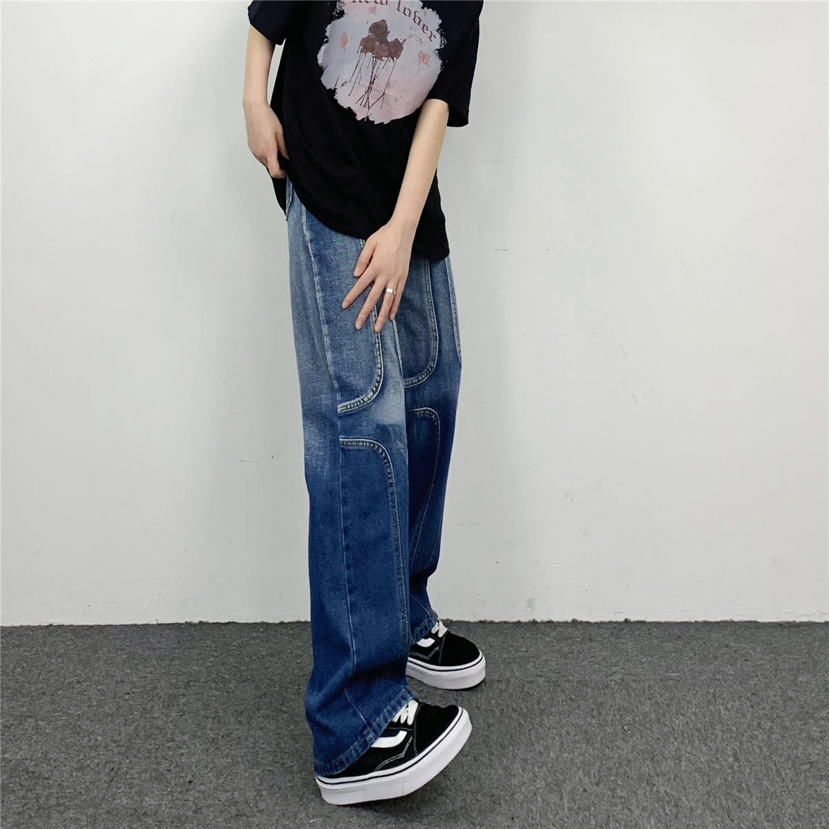 Men's Jeans Gradient Topline Straight Fit Men's and Women's Hip Hop Y2k Pants Streetwear High Quality Workwear Men Jeans Spliced