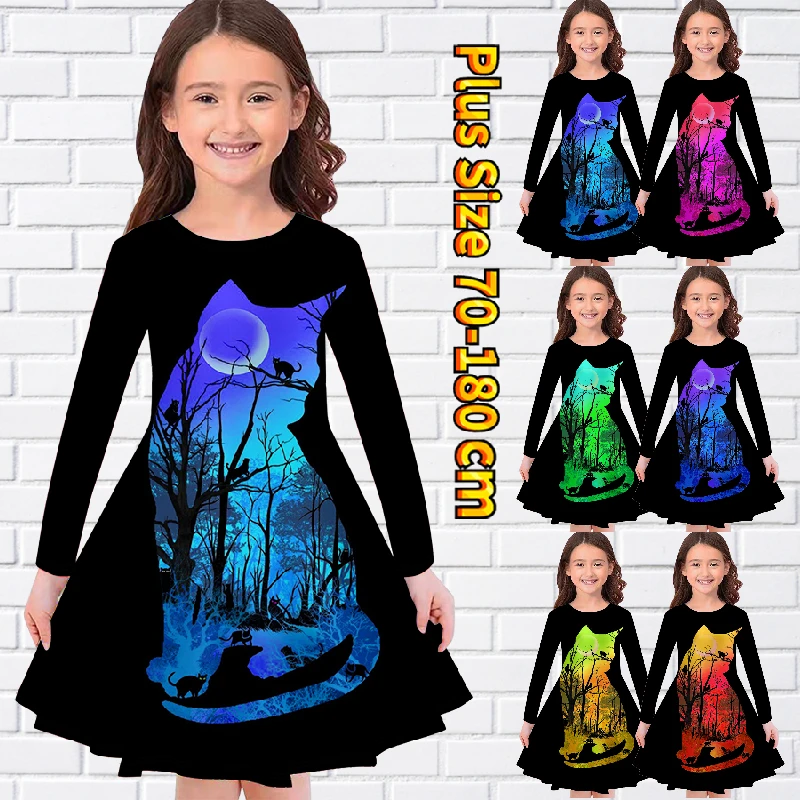 

Осенняя юбка до колен для маленьких девочек, юбка принцессы с круглым вырезом, модная Свободная юбка с длинным рукавом, новый дизайн, юбка миди с принтом