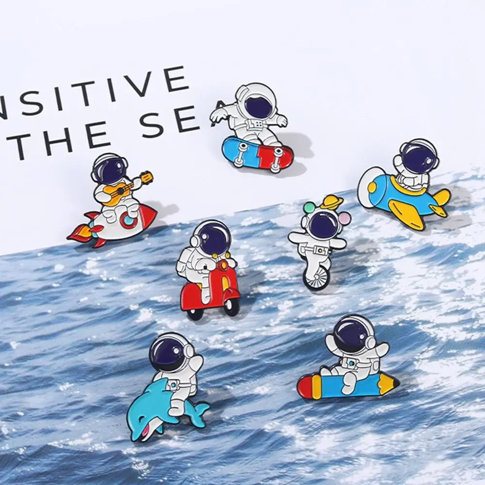 

Astronaut Enamel Pin Custom Ocean Surfing Motion Rocket Plane Brooch Bag Badge Childlike Cartoon Jewelry Pins Gift for Kids